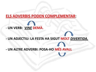 ELS ADVERBIS PODEN COMPLEMENTAR:
- UN VERB: VINE DEMÀ.
- UN ADJECTIU: LA FESTA HA SIGUT MOLT DIVERTIDA.
- UN ALTRE ADVERBI: POSA-HO MÉS AVALL

 