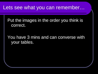 Lets see what you can remember… Put the images in the order you think is correct.  You have 3 mins and can converse with your tables. 