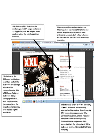 The demographics show that the
median age of XXL’s target audience is
27 suggesting that, XXL targets older
readers within the middle age than
Billboard.

Dissimilar to the
Billboard institution,
less than half of the
audience are college
educated in
comparison to, 68%
of Billboard’s target
audience being
college graduates.
This suggests that,
the majority of the
target audience may
well not be highly
educated.

The majority of the audience who read
XXL magazines are males (78%) hence the
reason why XXL often promotes male
artists and why such dark colour schemes
such as, red and black are used within the
magazine.

The statistics show that the ethnicity
of XXL’s audience is commonly
approached by African Americans by
67% hence the reason why, AfroCarribeans such as, Drake, Nas and
Kendrick Lamar are frequently
featured in the magazines. This
suggests that, the ethnicity of XXL’s
audience is aimed towards the black
minority.

 