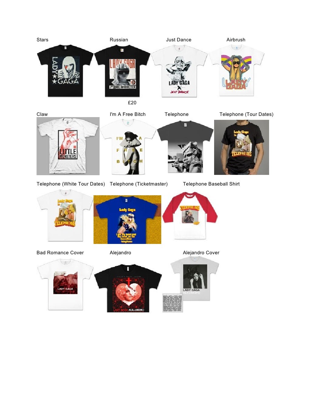 Lady gaga merchandise catalogue