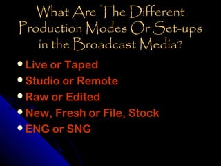 What Are The Different
Production Modes Or Set-ups
   in the Broadcast Media?
Live or Taped
Studio or Remote
Raw or Edited
New, Fresh or File, Stock
ENG or SNG
 