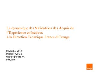 La dynamique des Validations des Acquis de
l’Expérience collectives
à la Direction Technique France d’Orange


Novembre 2012
Michel TYMRUK
Chef de projets VAE
DRH/DTF


                                             1
 