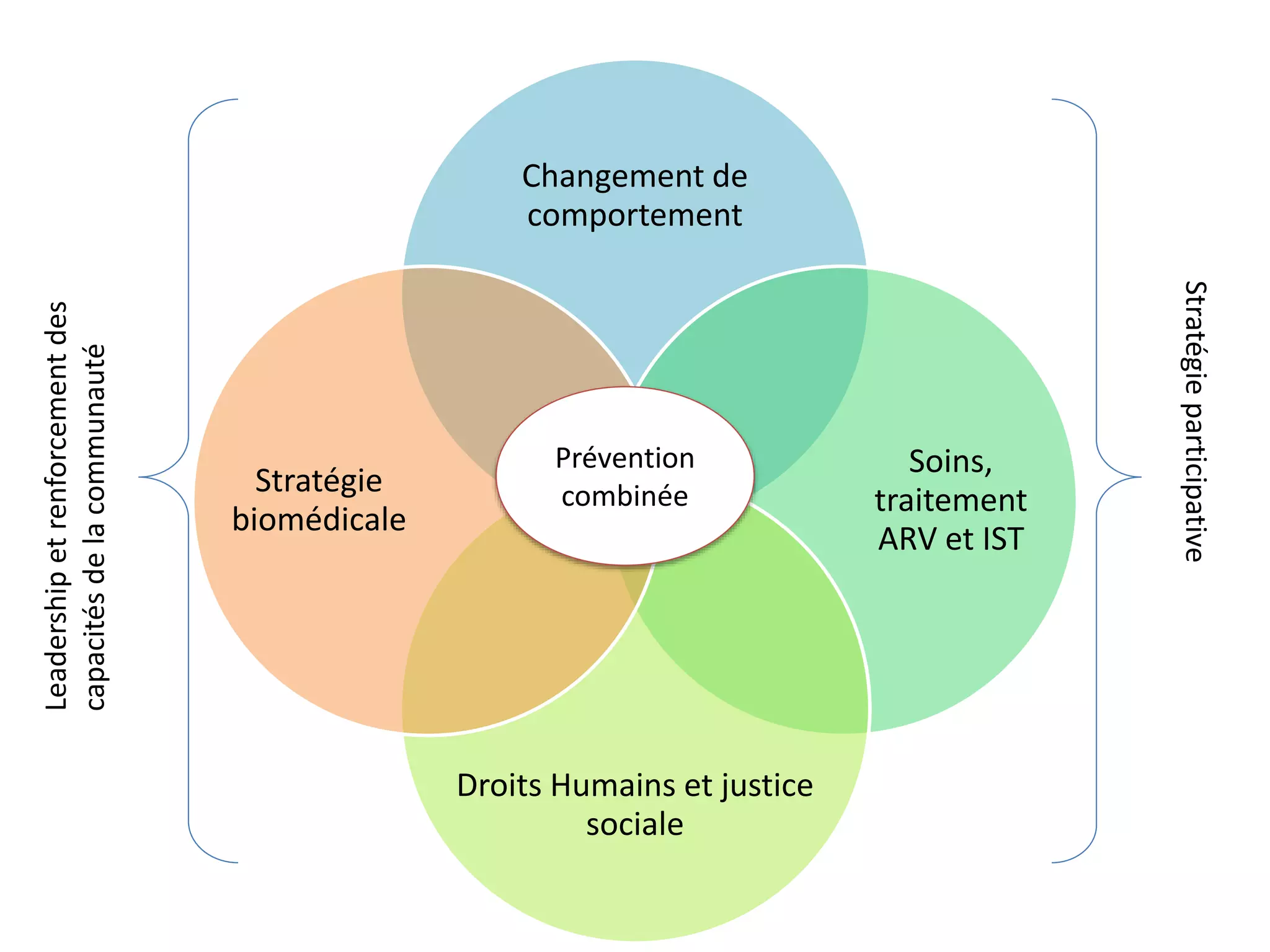 Changement de
comportement
Soins,
traitement
ARV et IST
Droits Humains et justice
sociale
Stratégie
biomédicale
Prévention
combinée
Leadership et renforcement des
capacités de la communauté
Stratégie participative