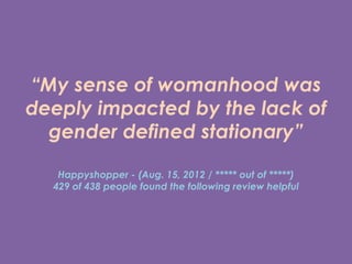 My sense of womanhood was
deeply impacted by the lack of
gender defined stationary
Happyshopper - (Aug. 15, 2012 /  out of )
429 of 438 people found the following review helpful
 