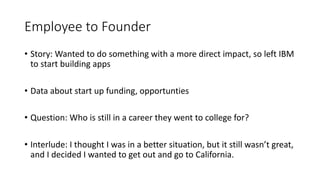 Employee to Founder
• Story: Wanted to do something with a more direct impact, so left IBM
to start building apps
• Data a...