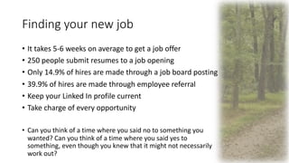 Finding your new job
• It takes 5-6 weeks on average to get a job offer
• 250 people submit resumes to a job opening
• Onl...