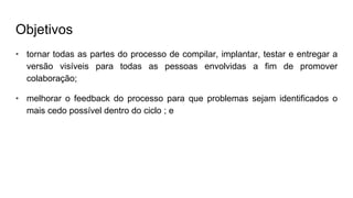 Objetivos
• tornar todas as partes do processo de compilar, implantar, testar e entregar a
versão visíveis para todas as pessoas envolvidas a fim de promover
colaboração;
• melhorar o feedback do processo para que problemas sejam identificados o
mais cedo possível dentro do ciclo ; e
 