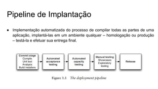 Pipeline de Implantação
● Implementação automatizada do processo de compilar todas as partes de uma
aplicação, implantá-las em um ambiente qualquer – homologação ou produção
– testá-la e efetuar sua entrega final.
 