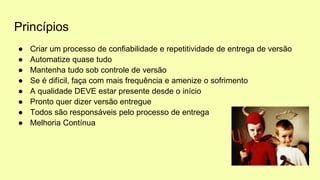 Princípios
● Criar um processo de confiabilidade e repetitividade de entrega de versão
● Automatize quase tudo
● Mantenha tudo sob controle de versão
● Se é difícil, faça com mais frequência e amenize o sofrimento
● A qualidade DEVE estar presente desde o início
● Pronto quer dizer versão entregue
● Todos são responsáveis pelo processo de entrega
● Melhoria Contínua
 