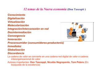 12 temas de la Nueva economía (Don Tascoptt )
Conocimiento
Digitalización
Virtualización
Molecularización
Integración/Interconexión en red
Desintermediación
Convergencia
Innovación
Proconsumidor (consumidores-productores)
Inmediatez
Globalización
Discordancia
La cadena de valor se convierte en una cadena red digital de valor o cadena
   interorganizacional de valor
Autores importantes: Don Tascoppt, Nicolás Negroponte, Tom Peters (En
   búsqueda de la excelencia)
 