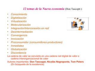 12 temas de la Nueva economía (Don Tascoptt )
• Conocimiento
• Digitalización
• Virtualización
• Molecularización
• Integración/Interconexión en red
• Desintermediación
• Convergencia
• Innovación
• Proconsumidor (consumidores-productores)
• Inmediatez
• Globalización
• Discordancia
La cadena de valor se convierte en una cadena red digital de valor o
cadena interorganizacional de valor
Autores importantes: Don Tascoppt, Nicolás Negroponte, Tom Peters
(En búsqueda de la excelencia)
 