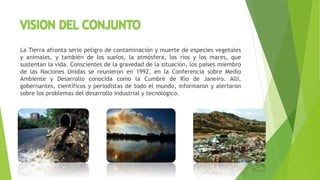 VISION DEL CONJUNTO 
La Tierra afronta serio peligro de contaminación y muerte de especies vegetales 
y animales, y también de los suelos, la atmósfera, los ríos y los mares, que 
sustentan la vida. Conscientes de la gravedad de la situación, los países miembro 
de las Naciones Unidas se reunieron en 1992, en la Conferencia sobre Medio 
Ambiente y Desarrollo conocida como la Cumbre de Río de Janeiro. Allí, 
gobernantes, científicos y periodistas de todo el mundo, informaron y alertaron 
sobre los problemas del desarrollo industrial y tecnológico. 
 