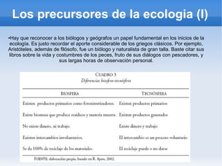 Los precursores de la ecologia (I)
●Hay que reconocer a los biólogos y geógrafos un papel fundamental en los inicios de la
ecología. Es justo recordar el aporte considerable de los griegos clásicos. Por ejemplo,
Aristóteles, además de filósofo, fue un biólogo y naturalista de gran talla. Baste citar sus
libros sobre la vida y costumbres de los peces, fruto de sus diálogos con pescadores, y
sus largas horas de observación personal.
 