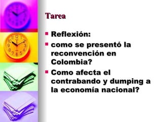 Tarea Reflexión: como se presentó la reconvención en Colombia? Como afecta el contrabando y dumping a la economía nacional? 