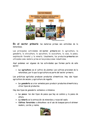 En el sector primario las materias primas son extraídas de la
naturaleza.
Las principales actividades del sector primario ...