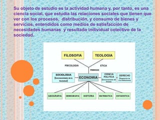 Su objeto de estudio es la actividad humana y, por tanto, es una
ciencia social, que estudia las relaciones sociales que tienen que
ver con los procesos, distribución, y consumo de bienes y
servicios, entendidos como medios de satisfacción de
necesidades humanas y resultado individual colectivo de la
sociedad.
 