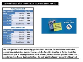 LOS DIFERENTES TIPOS IMPOSITIVOS SEGÚN NUESTRA RENTA)
Los trabajadores harán frente al pago del IRPF a partir de las retenciones mensuales
que se les practicará en sus nóminas y en la Declaración Anual de la Renta. Según las
retenciones que le hayan practicado en su nómina, las reducciones y deducciones a las
que tenga derecho, su Declaración le podrá salir positiva (pagar) o negativa (devolver)
 