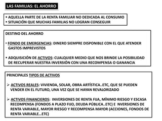 LAS FAMILIAS: EL AHORRO
 AQUELLA PARTE DE LA RENTA FAMILIAR NO DEDICADA AL CONSUMO
 SITUACIÓN QUE MUCHAS FAMILIAS NO LOGRAN CONSEGUIR
DESTINO DEL AHORRO
• FONDO DE EMERGENCIAS: DINERO SIEMPRE DISPONIBLE CON EL QUE ATENDER
GASTOS IMPREVISTOS
 ADQUISICIÓN DE ACTIVOS: CUALQUIER MEDIO QUE NOS BRINDE LA POSIBILIDAD
DE RECUPERAR NUESTRA INVERSIÓN CON UNA RECOMPENSA O GANANCIA
PRINCIPALES TIPOS DE ACTIVOS
 ACTIVOS REALES: VIVIENDA, SOLAR, OBRA ARTÍSTICA..ETC, QUE SE PUEDEN
VENDER EN EL FUTURO, UNA VEZ QUE SE HAYAN REVALORIZADO
 ACTIVOS FINANCIEROS: INVERSIONES DE RENTA FIJA, MÍNIMO RIESGO Y ESCASA
RECOMPENSA (FONDOS A PLAZO FIJO, DEUDA PÚBLICA..ETC) E NVERSIONES DE
RENTA VARIABLE, MAYOR RIESGO Y RECOMPENSA MAYOR (ACCIONES, FONDOS DE
RENTA VARIABLE…ETC)
 