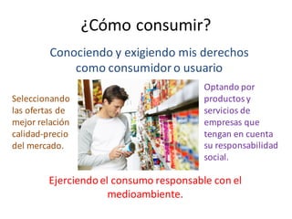 ¿Cómo	consumir?
Seleccionando	
las	ofertas	de	
mejor	relación	
calidad-precio	
del	mercado.
Optando	por	
productos	y	
servicios	de	
empresas	que	
tengan	en	cuenta	
su	responsabilidad	
social.
Ejerciendo	el	consumo	responsable	con	el	
medioambiente.
Conociendo	y	exigiendo	mis	derechos	
como	consumidor	o	usuario
 