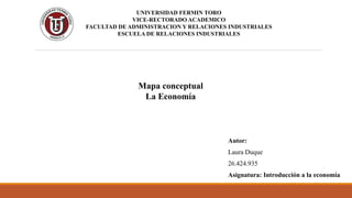 UNIVERSIDAD FERMIN TORO
VICE-RECTORADO ACADEMICO
FACULTAD DE ADMINISTRACION Y RELACIONES INDUSTRIALES
ESCUELA DE RELACIONES INDUSTRIALES
Mapa conceptual
La Economía
Autor:
Laura Duque
26.424.935
Asignatura: Introducción a la economía
 