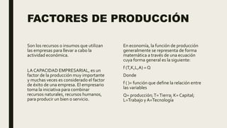 FACTORES DE PRODUCCIÓN
Son los recursos o insumos que utilizan
las empresas para llevar a cabo la
actividad económica.
LA CAPACIDAD EMPRESARIAL, es un
factor de la producción muy importante
y muchas veces es considerado el factor
de éxito de una empresa. El empresario
toma la iniciativa para combinar
recursos naturales, recursos humanos,
para producir un bien o servicio.
En economía, la función de producción
generalmente se representa de forma
matemática a través de una ecuación
cuya forma general es la siguiente:
f (T,K,L,A) = Q
Donde
f ( )= función que define la relación entre
las variables
Q= producción;T=Tierra; K= Capital;
L=Trabajo y A=Tecnología
 