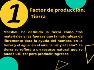 Factor de producción:
Tierra
Marshall ha definido la tierra como “los
materiales y las fuerzas que la naturaleza da
libremente para la ayuda del hombre, en la
tierra y el agua, en el aire, la luz y el calor“. La
tierra se refiere a un recurso natural que se
puede utilizar para producir ingresos.
 