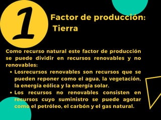 Factor de producción:
Tierra
Losrecursos renovables son recursos que se
pueden reponer como el agua, la vegetación,
la energía eólica y la energía solar.
Los recursos no renovables consisten en
recursos cuyo suministro se puede agotar
como el petróleo, el carbón y el gas natural.
Como recurso natural este factor de producción
se puede dividir en recursos renovables y no
renovables:
 
