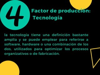 Factor de producción:
Tecnología
la tecnología tiene una definición bastante
amplia y se puede emplear para referirse a
software, hardware o una combinación de los
dos, utilizados para optimizar los procesos
organizativos o de fabricación.
 