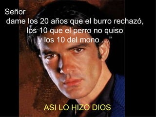 ASI LO HIZO DIOS Señor  dame los 20 años que el burro rechazó, los 10 que el perro no quiso y los 10 del mono …” 
