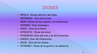  APOLO: Dioses del sol y las artes.
 ARTEMISA : Dios de la caza.
 HERA :Diosa de las mujeres y el matrimonio.
 HERMES: Dios mensajero.
 ARES : Dios de la tierra.
 AFRODITA : Diosa del amor.
 POSEIDÓN :Dios del mar y de las tormentas.
 HADES :Dios del inframundo.
 ZEUS : Dios de los dioses.
 ATHENEA : Diosa de la guerra y la sabiduría.
18
 