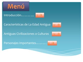 Introducción……….... Ir
Características de La Edad Antigua Ir
Antiguas Civilizaciones o Culturas Ir
Personajes importantes………. Ir 