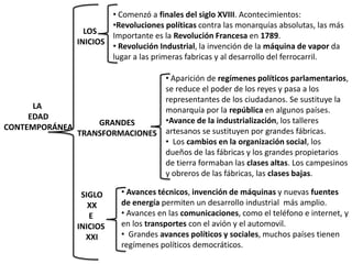 • Comenzó a finales del siglo XVIII. Acontecimientos:
                        •Revoluciones políticas contra las monarquía...