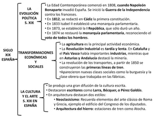 • La Edad Comtemporánea comenzó en 1808, cuando Napoleón
           LA        Bonaparte invadió España. Se inició la Guerra de la Independencia
       EVOLUCIÓN     contra los franceses.
        POLÍTICA     • En 1812, se redactó en Cádiz la primera constitución.
         S. XIX      • En 1833 Isabel II estableció una monarquía parlamentaria.
                     • En 1873, se estableció la I República, que sólo duró un año.
                     • En 1874 se restauró la monarquía parlamentaria, reconociendo el
                     voto de todos los hombres.
                             • La agricultura es la principal actividad económica.
 SIGLO                       • La Revolución Industrial es tardía y lenta. En Cataluña y
       TRANSFORMACIONES      el País Vasco había importantes industrias, mientras que
  XIX
          ECONÓMICAS         en Asturias y Andalucía destacó la minería.
ESPAÑA
               Y             • La revolución de los transportes, a partir de 1850 se
            SOCIALES         construyeron las primeras líneas de tren.
                             •Aparecieron nuevas clases sociales como la burguesía y la
                             clase obrera que trabajaba en las fábricas.

                     • Se produjo una gran difusión de la cultura escrita.
        LA CULTURA   • Destacaron escritores como Larra, Bécquer, o Pérez Galdós.
         Y EL ARTE   • En arquitectura destacan dos estilos:
         S. XIX EN        • Neoclasicismo: Recuerda elementos del arte clásico de Roma
          ESPAÑA          y Grecia, ejemplo el edificio del Congreso de los diputados.
                          • Arquitectura del hierro: estaciones de tren como Atocha.
 
