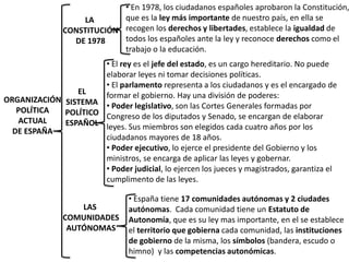 • En 1978, los ciudadanos españoles aprobaron la Constitución,
                   LA       que es la ley más importante de nuestro país, en ella se
               CONSTITUCIÓN recogen los derechos y libertades, establece la igualdad de
                 DE 1978    todos los españoles ante la ley y reconoce derechos como el
                            trabajo o la educación.
                      • El rey es el jefe del estado, es un cargo hereditario. No puede
                      elaborar leyes ni tomar decisiones políticas.
                      • El parlamento representa a los ciudadanos y es el encargado de
                EL
ORGANIZACIÓN SISTEMA formar el gobierno. Hay una división de poderes:
   POLÍTICA           • Poder legislativo, son las Cortes Generales formadas por
             POLÍTICO Congreso de los diputados y Senado, se encargan de elaborar
   ACTUAL    ESPAÑOL leyes. Sus miembros son elegidos cada cuatro años por los
  DE ESPAÑA
                      ciudadanos mayores de 18 años.
                      • Poder ejecutivo, lo ejerce el presidente del Gobierno y los
                      ministros, se encarga de aplicar las leyes y gobernar.
                      • Poder judicial, lo ejercen los jueces y magistrados, garantiza el
                      cumplimento de las leyes.

                                 • España tiene 17 comunidades autónomas y 2 ciudades
                   LAS           autónomas. Cada comunidad tiene un Estatuto de
               COMUNIDADES       Autonomía, que es su ley mas importante, en el se establece
                AUTÓNOMAS        el territorio que gobierna cada comunidad, las instituciones
                                 de gobierno de la misma, los símbolos (bandera, escudo o
                                 himno) y las competencias autonómicas.
 