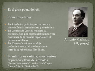 Es el gran poeta del 98. Tiene tres etapas: En  Soledades, galerías y otros poemas  tiene influencia modernista y romántica. En  Campos de Castilla  muestra su preocupación por el paso del tiempo y su búsqueda de la esencia española en el paisaje castellano. En  Nuevas Canciones  se aleja definitivamente del modernismo e introduce reflexiones filosóficas. Su métrica es variada, su expresión depurada y llena de símbolos  (fuente: “monotonía”; camino: “vida”; agua: “tiempo”; jardín: “intimidad”). Antonio Machado (1875-1939) 