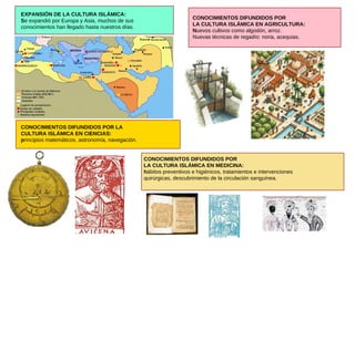 EXPANSIÓN DE LA CULTURA ISLÁMICA:  S e expandió por Europa y Asia, muchos de sus  conocimientos han llegado hasta nuestros días.  CONOCIMIENTOS DIFUNDIDOS POR LA  CULTURA ISLÁMICA EN CIENCIAS:  p rincipios matemáticos, astronomía, navegación.  CONOCIMIENTOS DIFUNDIDOS POR  LA CULTURA ISLÁMICA EN AGRICULTURA:  N uevos cultivos como algodón, arroz.  Nuevas técnicas de regadío: noria, acequias. CONOCIMIENTOS DIFUNDIDOS POR  LA CULTURA ISLÁMICA EN MEDICINA: h ábitos preventivos e higiénicos, tratamientos e intervenciones  quirúrgicas, descubrimiento de la circulación sanguínea.  