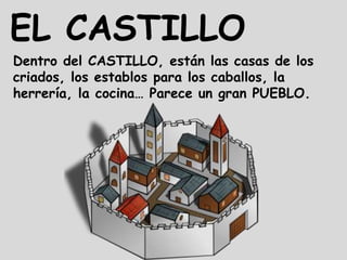 EL CASTILLO
Dentro del CASTILLO, están las casas de los
criados, los establos para los caballos, la
herrería, la cocina… Parece un gran PUEBLO.
 