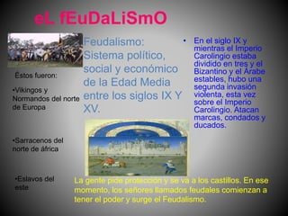 eL fEuDaLiSmO
• En el siglo IX y
mientras el Imperio
Carolingio estaba
dividido en tres y el
Bizantino y el Árabe
estables, hubo una
segunda invasión
violenta, esta vez
sobre el Imperio
Carolingio. Atacan
marcas, condados y
ducados.
Éstos fueron:
•Vikingos y
Normandos del norte
de Europa
•Sarracenos del
norte de áfrica
•Eslavos del
este
La gente pide protección y se va a los castillos. En ese
momento, los señores llamados feudales comienzan a
tener el poder y surge el Feudalismo.
Feudalismo:
Sistema político,
social y económico
de la Edad Media
entre los siglos IX Y
XV.
 