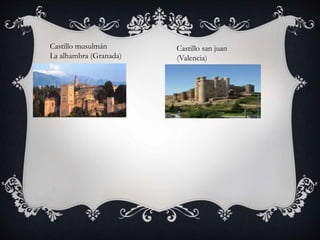 Castillo musulmán
La alhambra (Granada)
Castillo san juan
(Valencia)
 