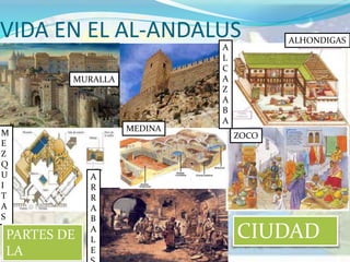 VIDA EN EL AL-ANDALUS
MURALLA
A
L
C
A
Z
A
B
A
ALHONDIGAS
M
E
Z
Q
U
I
T
A
S
MEDINA
ZOCO
A
R
R
A
B
A
L
E
PARTES DE
LA
CIUDAD
 