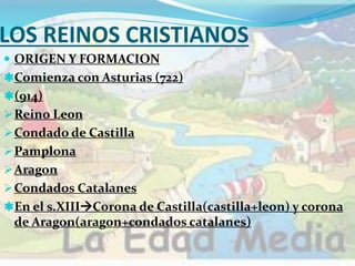 LOS REINOS CRISTIANOS
 ORIGEN Y FORMACION
Comienza con Asturias (722)
(914)
Reino Le0n
Condado de Castilla
Pamplona
Aragon
Condados Catalanes
En el s.XIIICorona de Castilla(castilla+leon) y corona
de Aragon(aragon+condados catalanes)
 