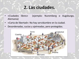 2. Las ciudades.
• «Ciudades libres» (ejemplo: Nuremberg o Augsburgo,
Alemania)
• «Carta de libertad»: No hay servidumbre en la ciudad.
• Desordenadas, sucias y ajetreadas, pero protegidas.
 