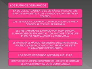 LOS PUEBLOS GERMÁNICOS
EN LO QUE ACTUALMENTE ES ESPAÑA SE INSTALAN LOS
SUEVOS (NOROESTE) Y LOS VISIGODOS (CON CAPITAL EN
TOLEDO)
EL CRISTIANISMO SE EXPANDIÓ POR TODA EUROPA,
LLAMÁNDOSE CRISTIANDAD AL CONJUNTO DE TODOS LOS
PUEBLOS CRISTIANOS DE LA EDAD MEDIA.
EL PAPA ERA EL MÁXIMO REFERENTE EN EUROPA A NIVEL
POLÍTICO Y RELIGIOSO (NO COMO AHORA QUE ESTÁ
CLARAMENTE DIFERENCIADO)
LOS REYES CRISTIANOS ACATABAN SUS LEYES
LOS VISIGODOS LUCHARON CONTRA LOS SUEVOS HASTA
CONSEGUIR TODO EL TERRITORIO
LOS VISIGIDOS ACEPTARON PARTE DEL DERECHO ROMANO,
EL CATOLICISMO Y EL LATÍN COMO LENGUA
 