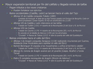 ► Mayor expansión territorial por fin del califato y llegada reinos de taifas
 Pagan tributos a los reyes cristianos
► Pueden fortalecer sus ejércitos
 Reino occidentales (Castilla, León) se lanzan hacia el valle del Tajo
► Alfonso VI de Castilla conquista Toledo (1085)
 Condado de Portugal  dote de su hija Teresa casada con Enrique de Borgoña. Cede en
plena propiedad y poder legarlo. El hijo se autotitulará rey (1139)
► Alfonso VII de Castilla y León interviene en las taifas
 Tratado de Tudilén (1151)  reparto de la Reconquista (S del Júcar y R. de Murcia)
► Alfonso VIII de Castilla
 Tratado de Cazorla (1179)  reparto de la Reconquista (SE y no R. de Murcia)
 Es vencido en la batalla de Alarcos (1195) por los almohades
 “Cruzada”  Navas de Tolosa (1212)  abre la puerta del valle del Guadalquivir
 Reinos orientales hacia el valle del Ebro
► Alfonso I de Aragón conquista Zaragoza (1118) realizando incursiones por Cuenca,
Andalucía (trae mozárabes para repoblar el valle del Ebro)
► Ramón Berenguer IV expulsa a los musulmanes y unifica el territorio catalán
 Tratado de Tudilén (1151)  reparto de la Reconquista (S del Júcar y R. de Murcia)
► Alfonso II, Corona de Aragón avanzó por el Levante (Caspe, Alcañiz) y funda
Teruel
 Tratado de Cazorla (1179)  reparto de la Reconquista (SE y no R. de Murcia)
► Pedro II completa reconquista de Aragón (Rincón de Ademuz)
 “Cruzada”  Navas de Tolosa (1212)  abre la puerta del valle del Guadalquivir
 