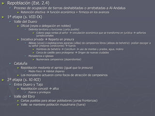 ► Repoblación (Est. 2.4)
 Proceso de ocupación de tierras deshabitadas o arrebatadas a Al-Andalus
► Retención efectiva  función económica + firmeza en los avances
► 1ª etapa (s. VIII-IX)
 Valle del Duero
► Oficial (reyes o delegación en nobles)
 Delimita territorio y funciones (carta puebla)
► Colono paga rentas al señor  vinculación económica que se transforma en jurídica  señoríos
jurisdiccionales
► Iniciativa privada  Reparto en presura
 Aldeas (vicos) o explotaciones agrarias (villas) de campesinos libres (aldeas de behetría): podían escoger a
su señor (mejores condiciones)  fueros
► Hombres de behetría  Concilium  uso de montes y prados, agua, molino
► Cerca de castillo para protegerse  Origen de nuevas ciudades
 Monasterios e iglesias
► Numerosos campesinos (dependientes)
 Cataluña
► Repoblación mediante el aprisio (igual que la presura)
 Medio físico  Hábitat disperso
► Los monasterio actuaron como focos de atracción de campesinos
► 2ª etapa (s. XI-XII)
 Entre Duero y Tajo
► Repoblación concejil  alfoz
 Fueros y privilegios
 Valle del Ebro
► Cartas pueblas para atraer pobladores (zonas fronterizas)
► Valle: se mantiene población musulmana (fuera)
 