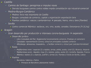 ► Castilla
 Camino de Santiago: peregrinos e impulso reyes
► Derrota burgueses camino contra nobles impide consolidación eje industrial-comercial
 Medina-Burgos-Cantábrico
► Medina: feria más importante de Castilla
► Burgos: consulado de comercio, capital y organización exportación lana
► Puertos cantábrico: vascos y santanderinos  pescado, hierro, vino y lana (Flandes)
 Sevilla
► Centro comercial Atlántico: esclavos, oro, vino, aceite, cereales. Extranjeros (Fr,It,Ing)
► Aragón
 Gran desarrollo por producción e intereses corona-burguesía  expansión
► Desarrollo jurídico
 Libro Consulado del Mar: Reglamenta funcionamiento comercio. Prestigio en extranjero
 Consulado: representación Corona, cónsul en principales ciudades comercio
 Alfondazgo: almacenes, hospedería,… y facilitar comercio y cónsul juez (extraterritorialidad)
► Rutas
 Mediterráneo orien.: especias (I) y tejidos, armas, pieles, aceite, coral (E); Bizancio, Alejandr.
 Mediterráneo occid.: Algodón, trigo (I) y tejidos, pieles, aceite (E); Cerdeña, Napoles, Francia
 Atlántico: tejidos (I) y especias, azafrán y armas (E); Flandes a través de Sevilla, Lisboa
► Puertos
 Barcelona, Valencia y Palma
► Primacía de Barcelona (atarazanas reales)
 