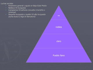 rey
nobles
clero
Pueblo llano
Luchas sociales
 Fenómeno general y agudo en Baja Edad Media
 Nobleza VS burguesía
 Campesinos VS señores (revuelta irmandiña o
remensa)
 Pequeña burguesía y pueblo VS alta burguesía
(lucha busca y biga en Barcelona)
 