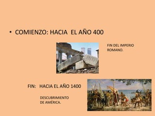 • COMIENZO: HACIA EL AÑO 400
FIN: HACIA EL AÑO 1400
FIN DEL IMPERIO
ROMANO.
DESCUBRIMIENTO
DE AMÉRICA.
 