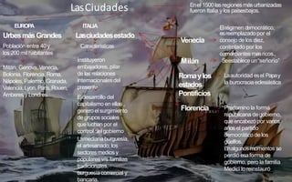 LasCiudades
Población entre 40 y
los 200 mil habitantes
Milán, Génova,Venecia,
Bolonia, Florencia, Roma,
Nápoles,Palermo, Granada,
Valencia,Lyon, París,Rouen,
Amberesy Londres.
Enel 1500lasregiones másurbanizadas
fueron Italia y los paísesbajos.
EUROP
A
UrbesmásGrandes
Características
ITALIA
Lasciudadesestado
Instituyeron
embajadores, pilar
de lasrelaciones
internacionalesdel
presente
Eldesarrollo del
capitalismo en ellas ,
genero elsurgimiento
de grupos sociales
que luchan por el
control delgobierno
Lamediana burguesía,
el artesanado, los
sectores medios y
populares v/s familias
tradicionales,
burguesíacomercial y
bancaria.
Venecia
Elrégimen democrático,
esreemplazado por el
consejo de los diez,
controlado por los
comerciantes masricos.,
Milán Seestablece un“señorío”
Romaylos
estados
Pontificios
Laautoridad esel Papay
la burocraciaeclesiástica
Florencia Predomino la forma
republicana degobierno,
que encabezópor varios
añosel partido
democrático de los
güelfos.
Enalgunosmomentos se
perdió esaforma de
gobierno, pero la familia
Medici lo reinstauró
 