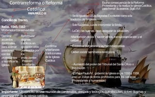Conciliode Trento,
Esuna consecuencia de laReforma
Protestante y la realiza la iglesiaCatólica,
para frenar suavance.SigloXVI
Contrarreforma oReforma
Católica
P
APAP
AULO III
Importante: Un concilio esuna reunión de cardenales, obispos y teólogos que discuten, sobre dogmas y
organización de la iglesiacatólica.
Generar
acuerdos
doctrinales
para acercar
posiciones
con los
protestantes
y reunificarla
Iglesia.
Italia. 1545-1563
ModeradosConservadores
Reformular
dogmas
católicos en
oposición alos
planteadospor
los
protestantes
Posición
triunfante
Confirma
enseñanzas
tradicionales
de la Iglesia
Católica
- Sedaigualdad aLasSagradasEscrituras como ala
tradición de laIglesia.
- Solo LaIglesiapuede interpretar laBiblia.
- LaDéy lasbuenasobras aseguranla salvación.
-Mantención de los 7 sacramentos, transubstanciación y el
celibato.
- Existencia purgatorio y validezindulgencias
-Deben existir seminariosteológicos
- Aumento del poder del Tribunal del SantoOficio o
Inquisición
- ElPapaPauloIV, gobernó la Iglesiaentre 1555 y 1559,
creo un índice de libros prohibidos para los católicos
(Protestantes yhumanistas)
 